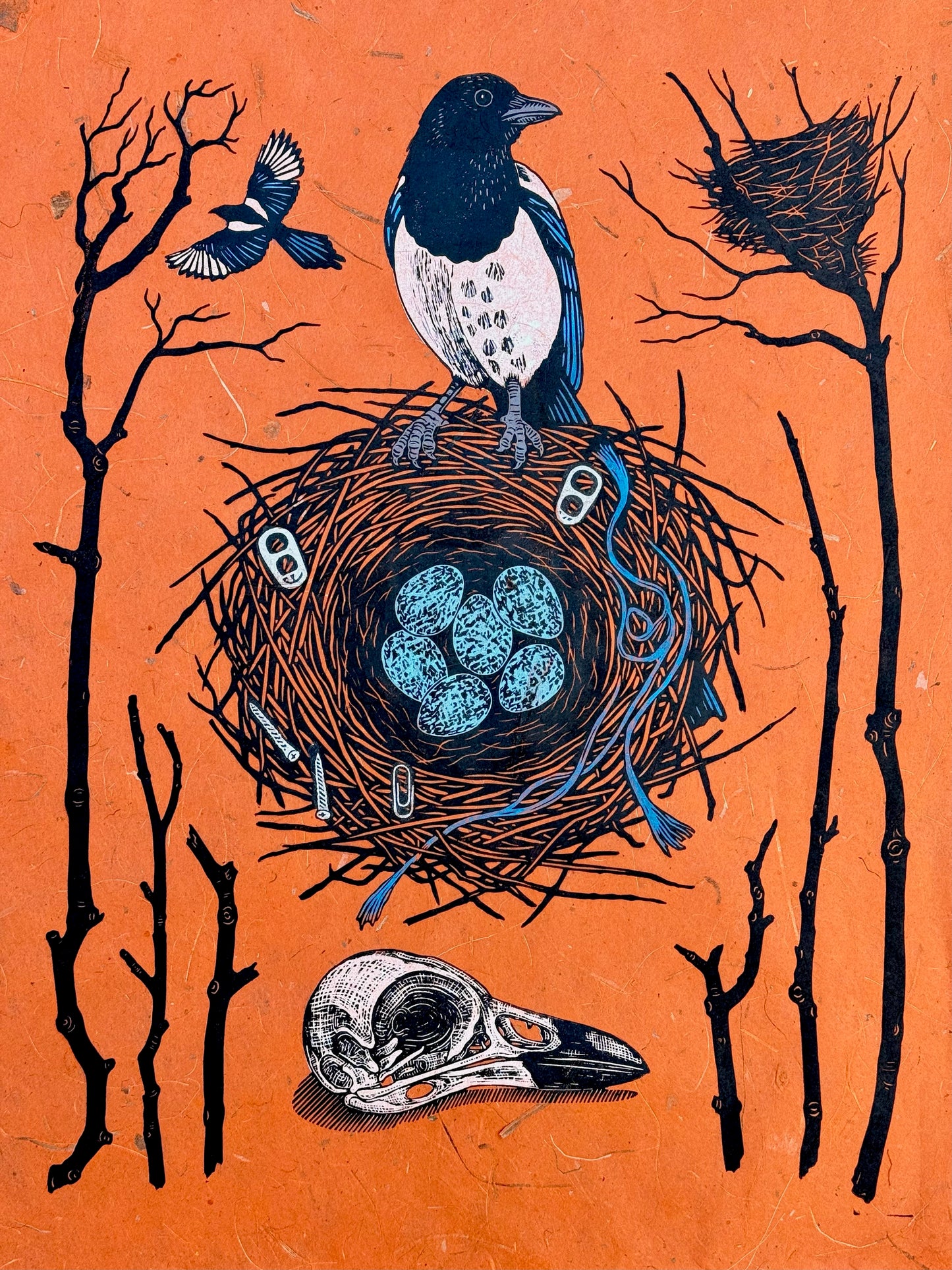 Magpie nest linocut print
