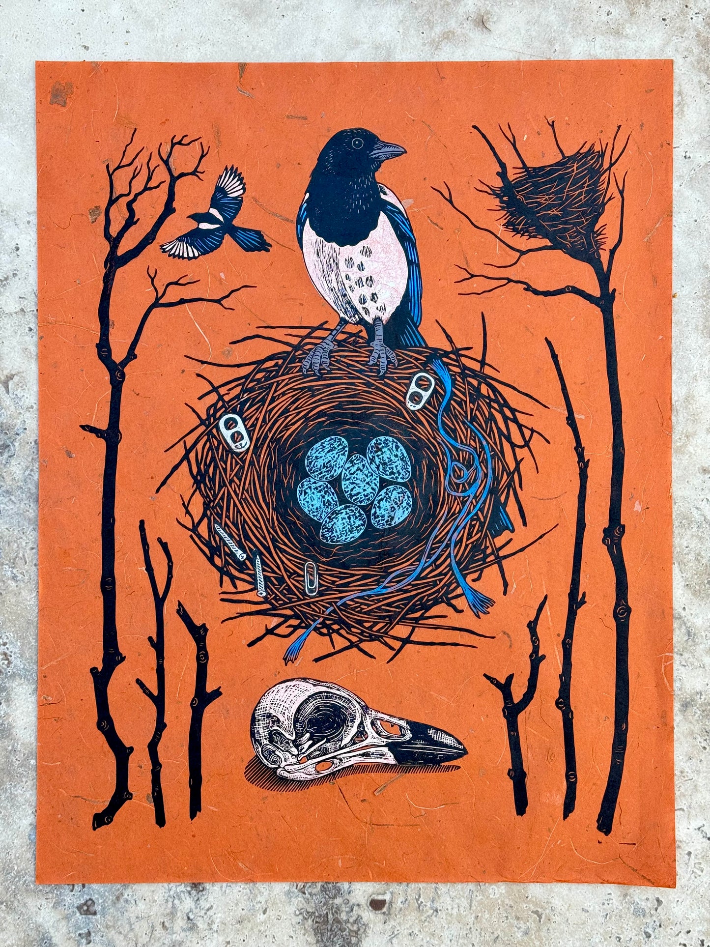 Magpie nest linocut print