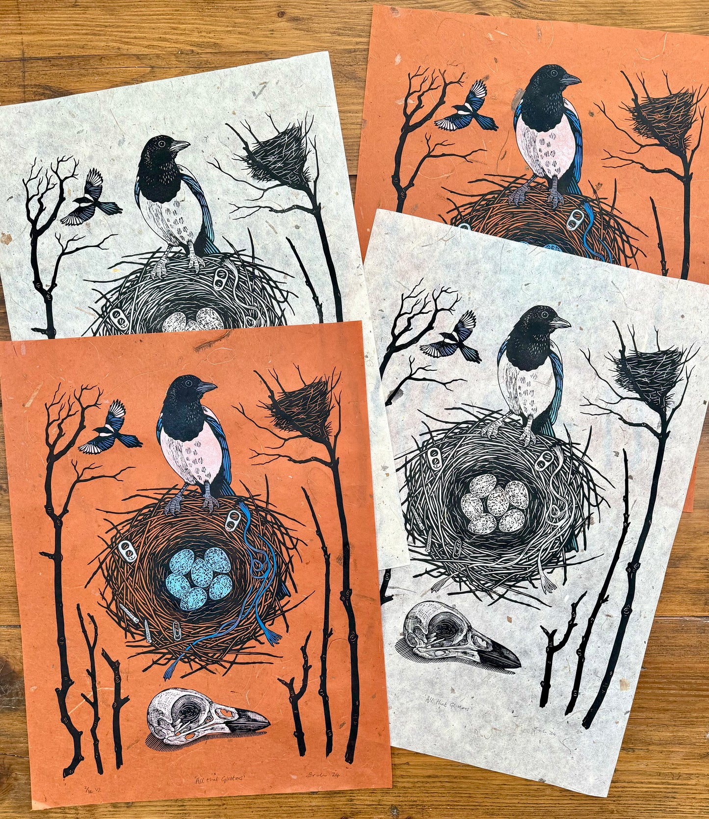 Magpie nest - hand printed original linocut print