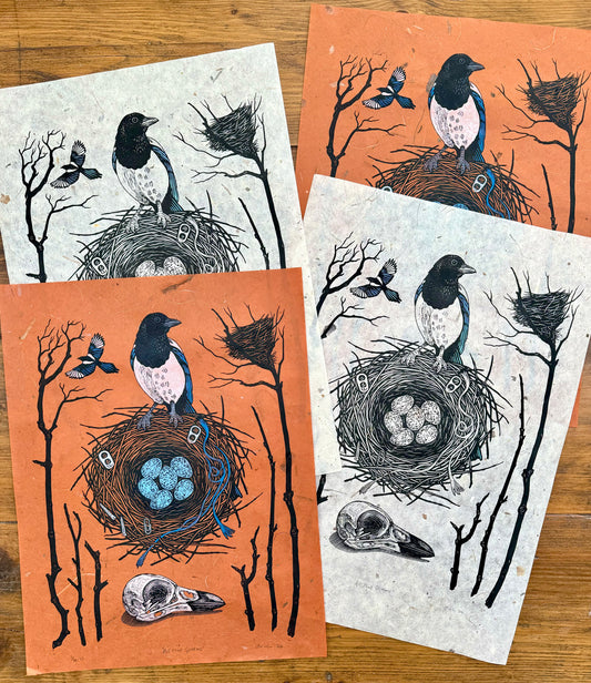 Magpie nest - hand printed original linocut print