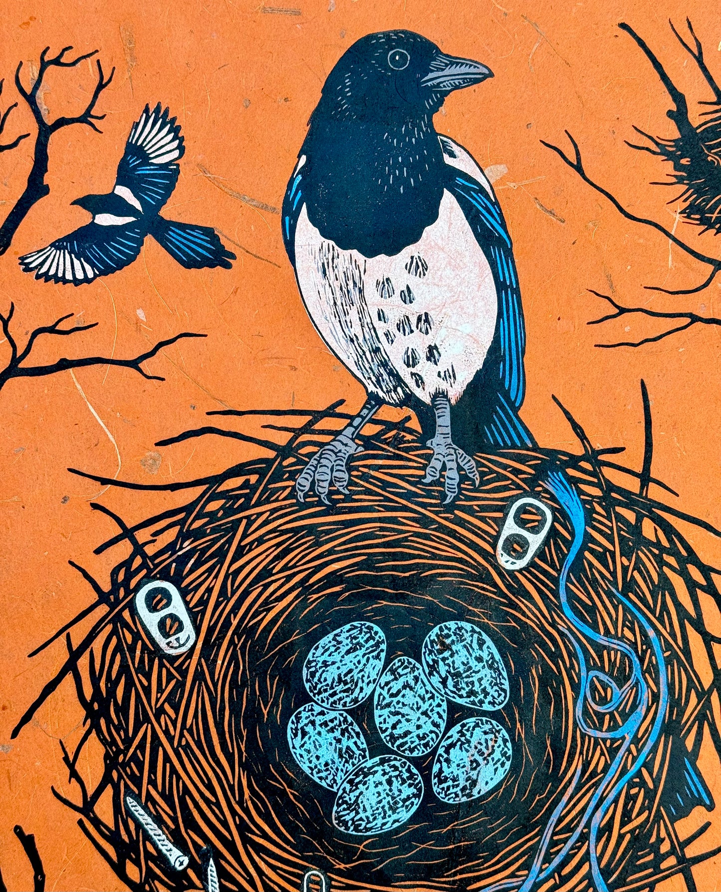 Magpie nest linocut print