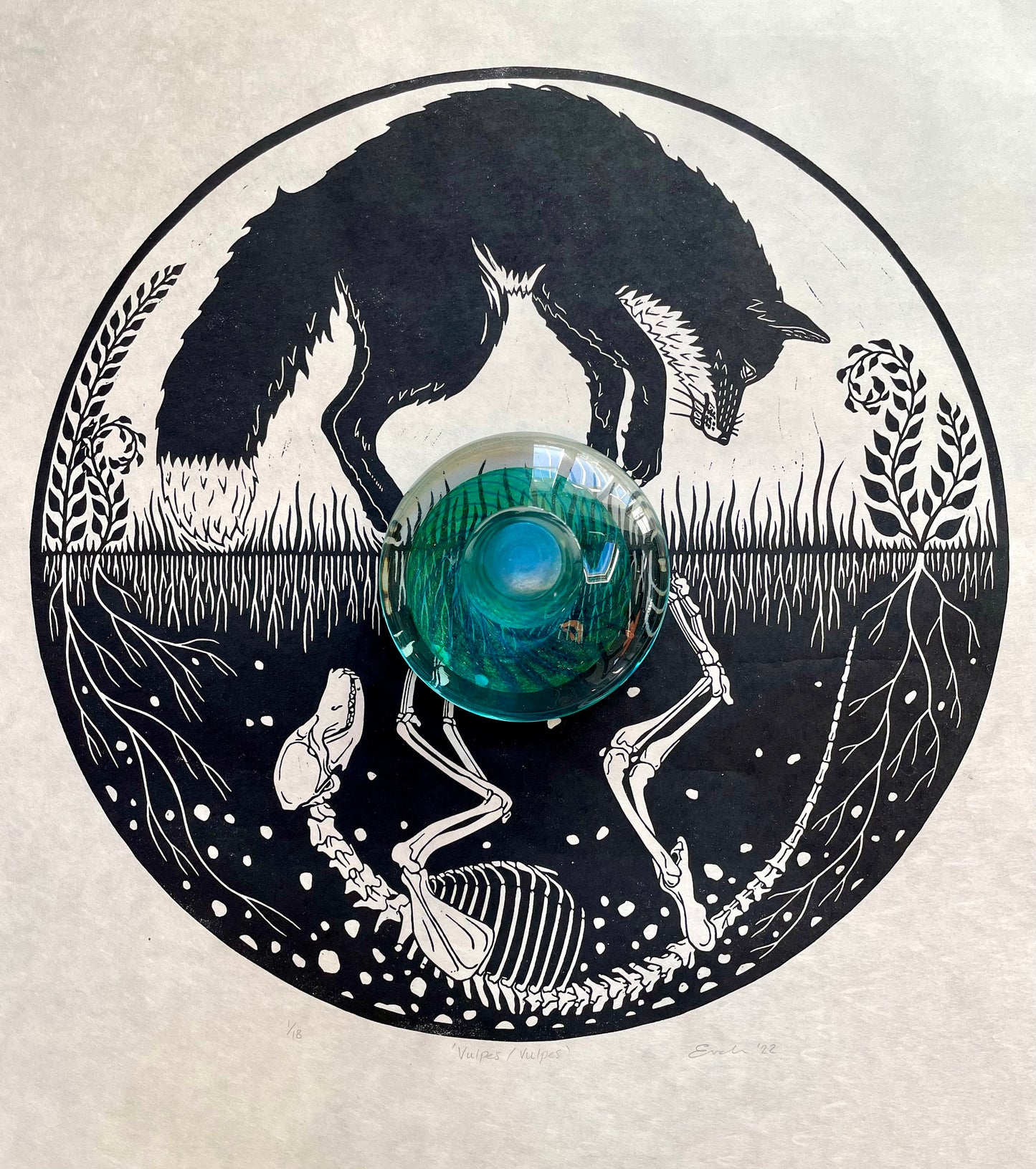 Fox skeleton linocut print