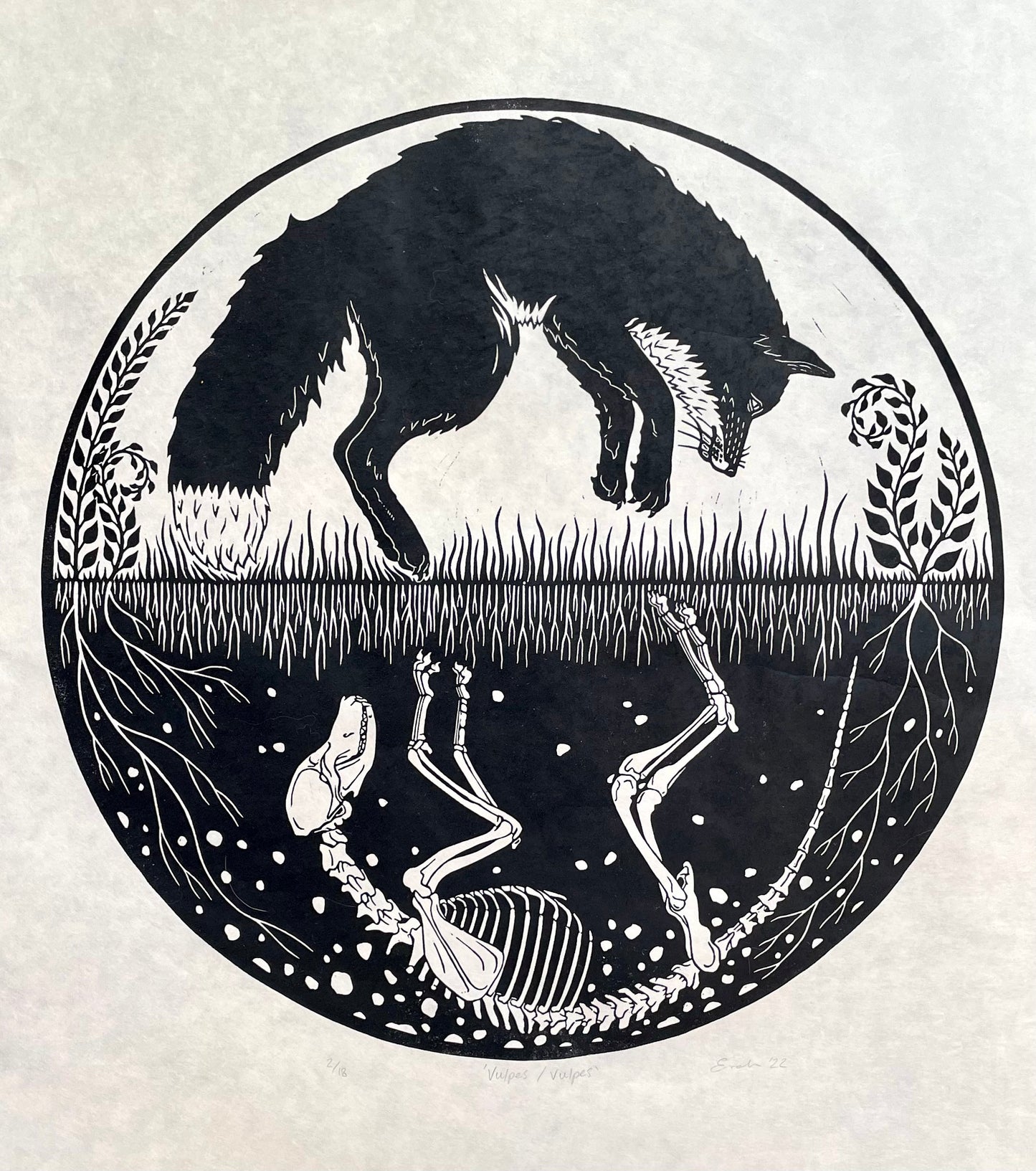 Fox skeleton linocut print