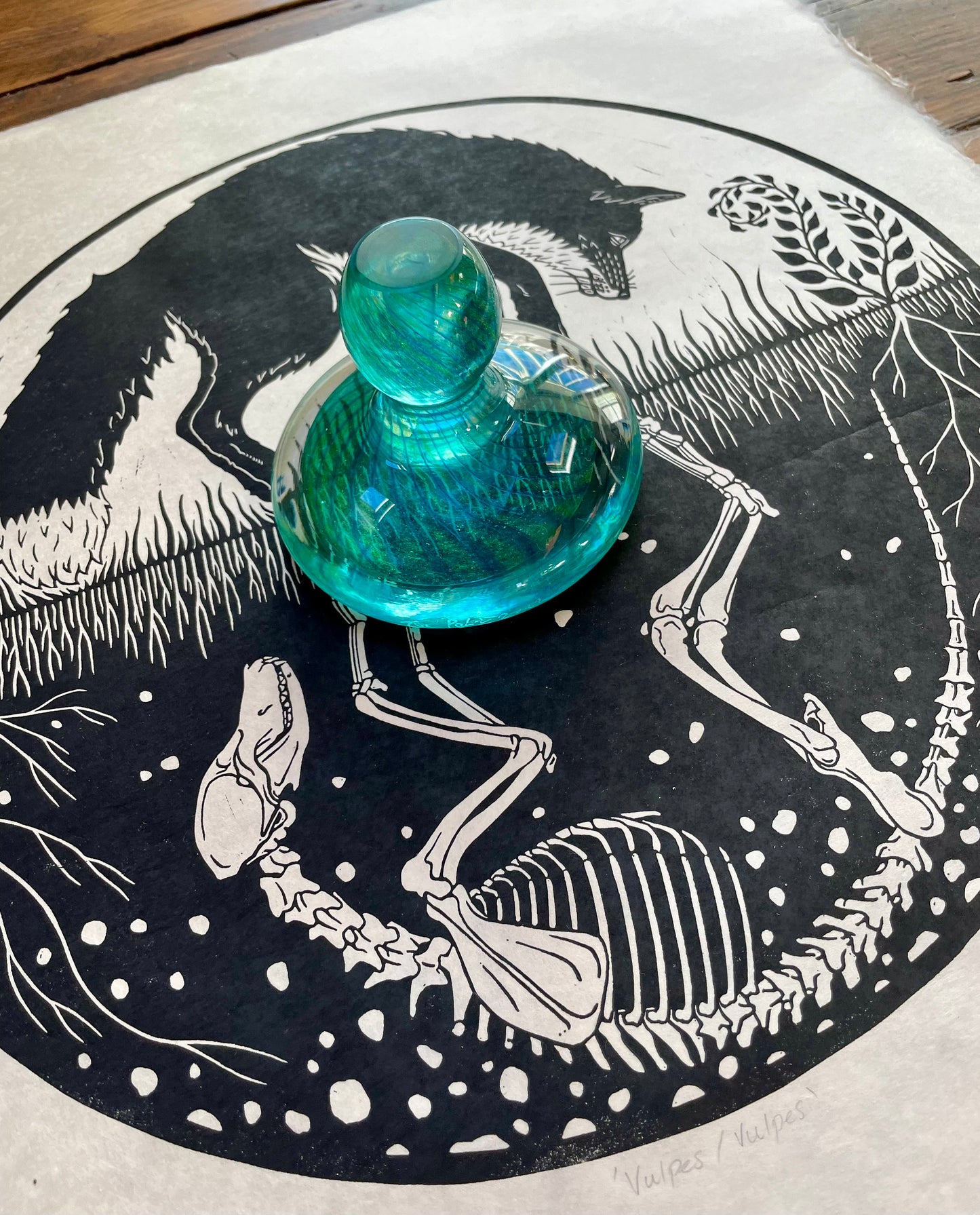 Fox skeleton linocut print