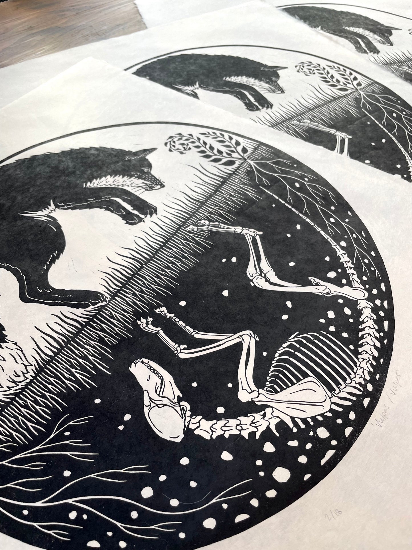 Fox skeleton linocut print