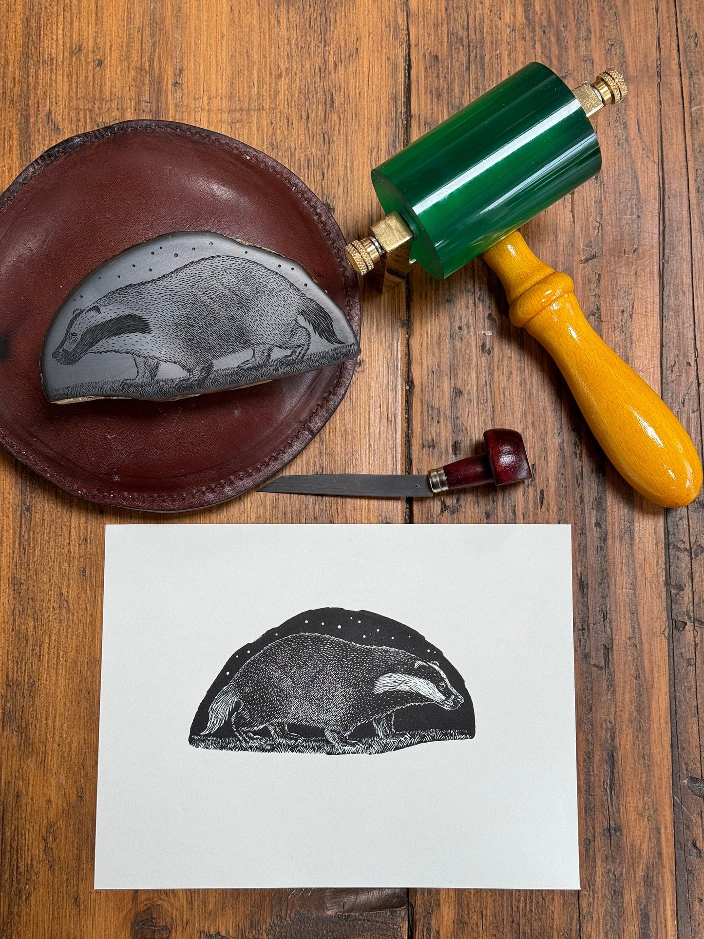 Starry Night Badger wood engraving