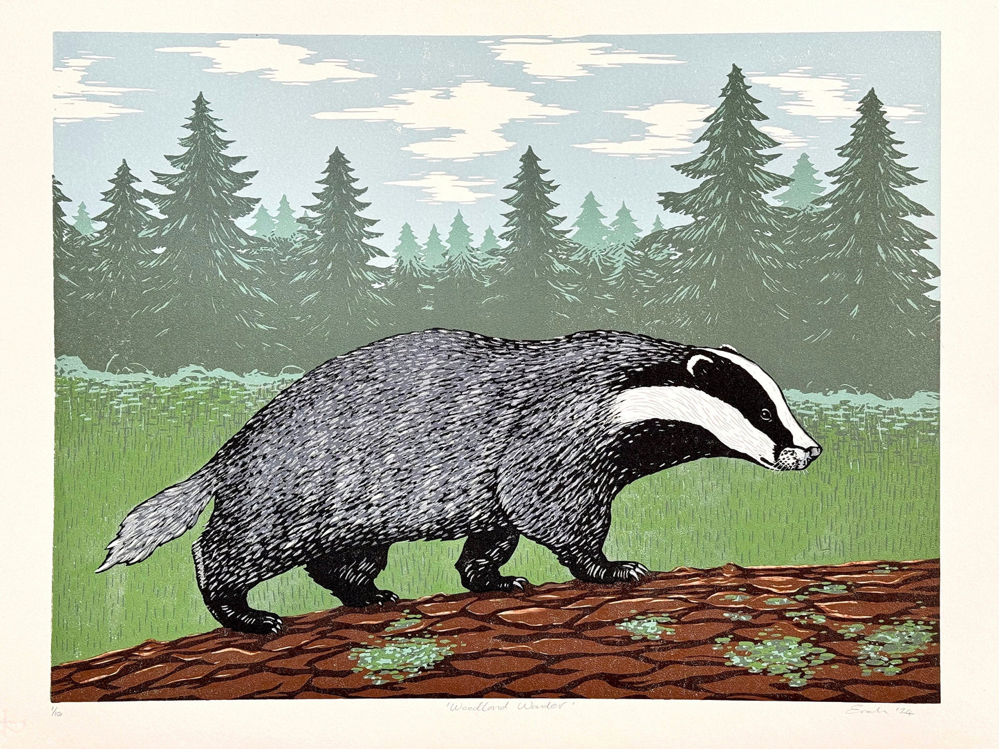 Woodland Badger linocut print