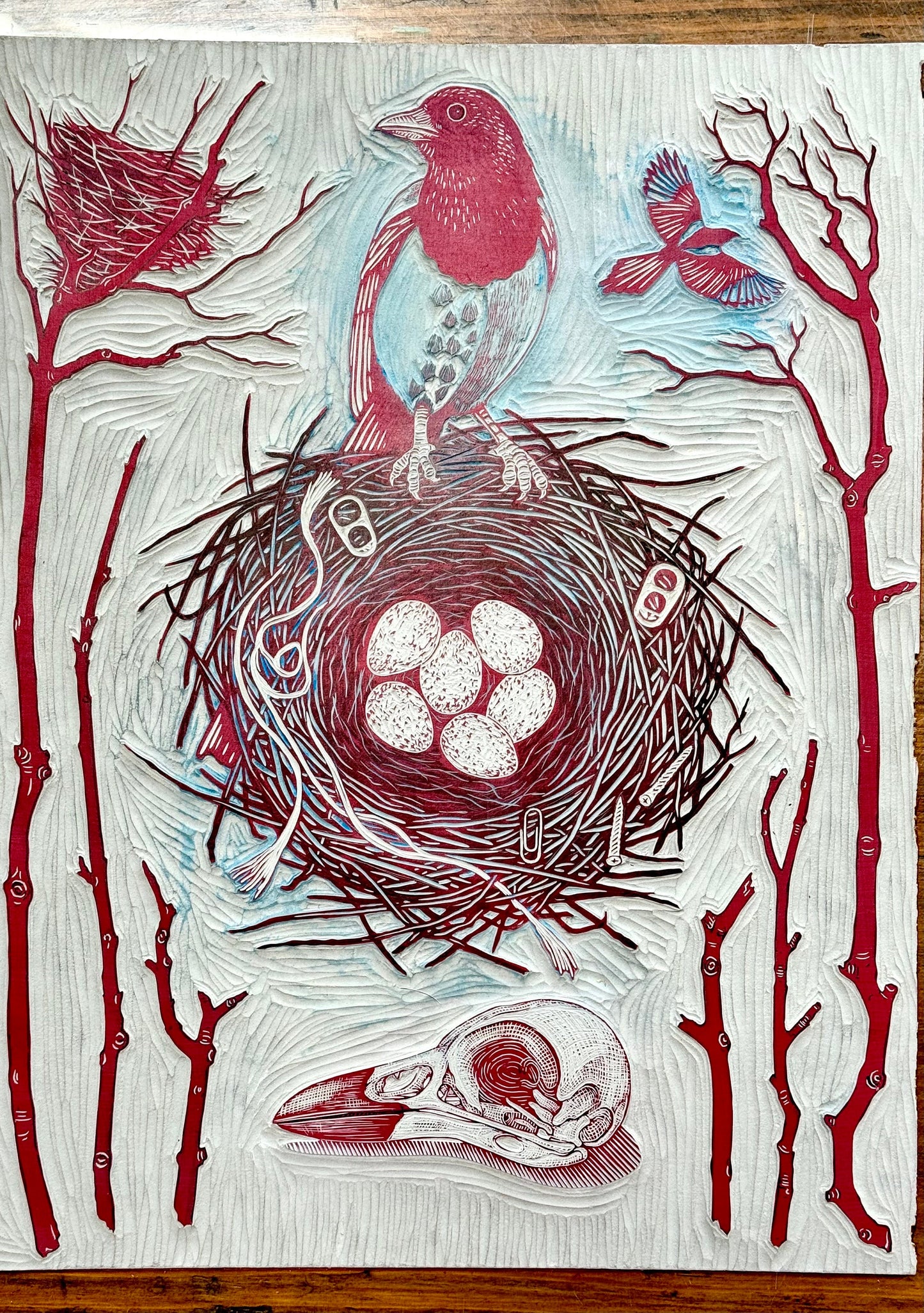 Magpie nest linocut print