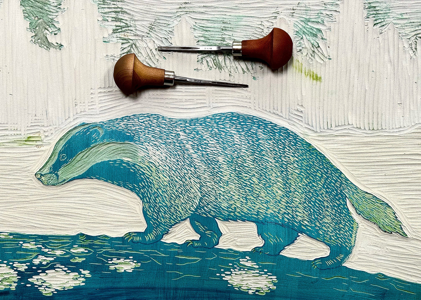 Woodland Badger linocut print