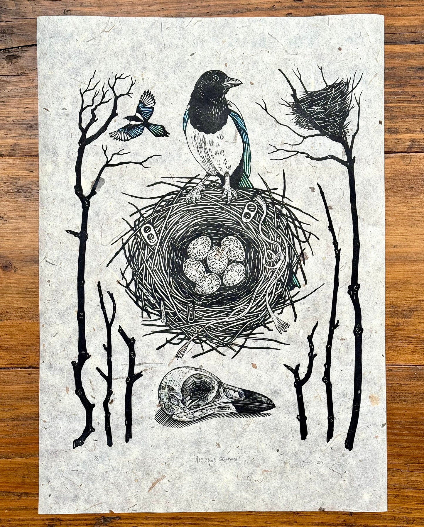 Magpie nest linocut print
