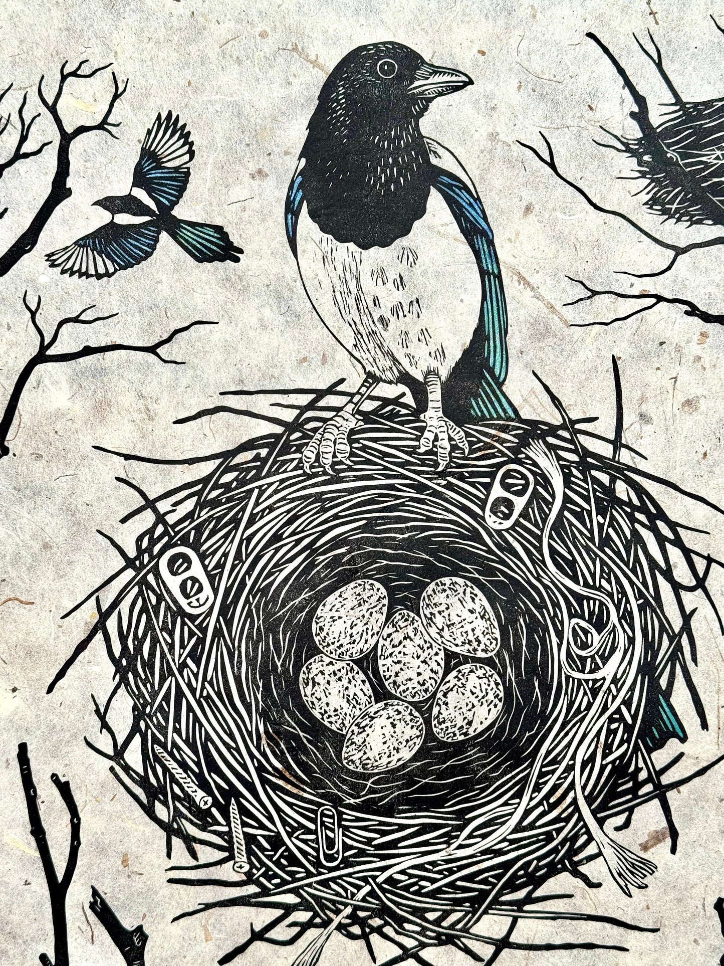 Magpie nest linocut print