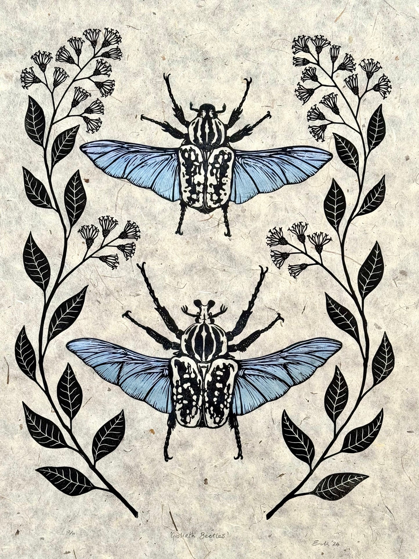 Goliath Beetle linocut print - natural