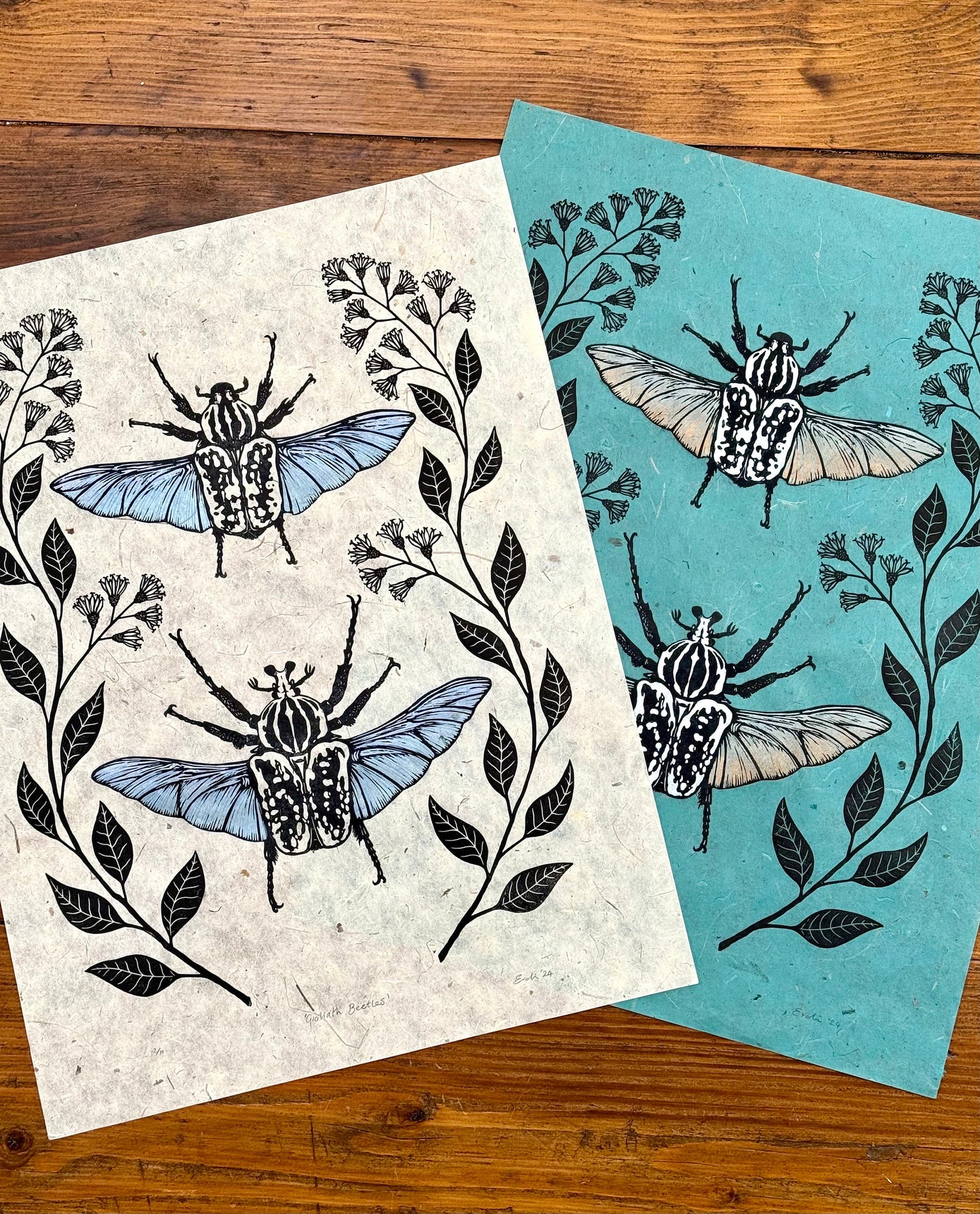 Goliath Beetle linocut print - natural