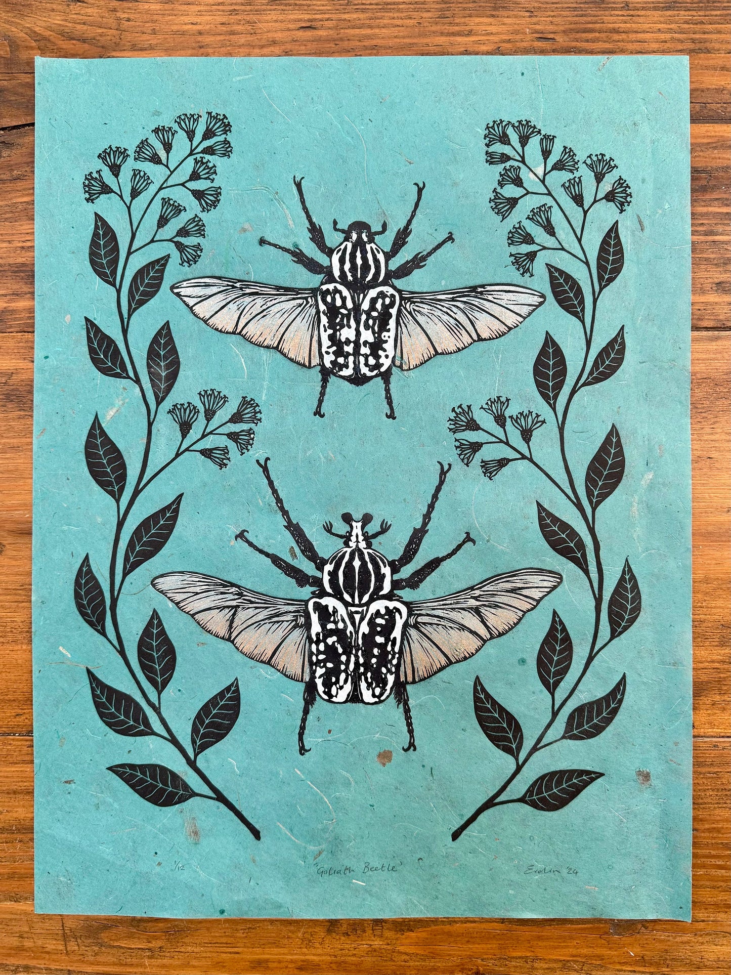 Goliath Beetle linocut print - turquoise