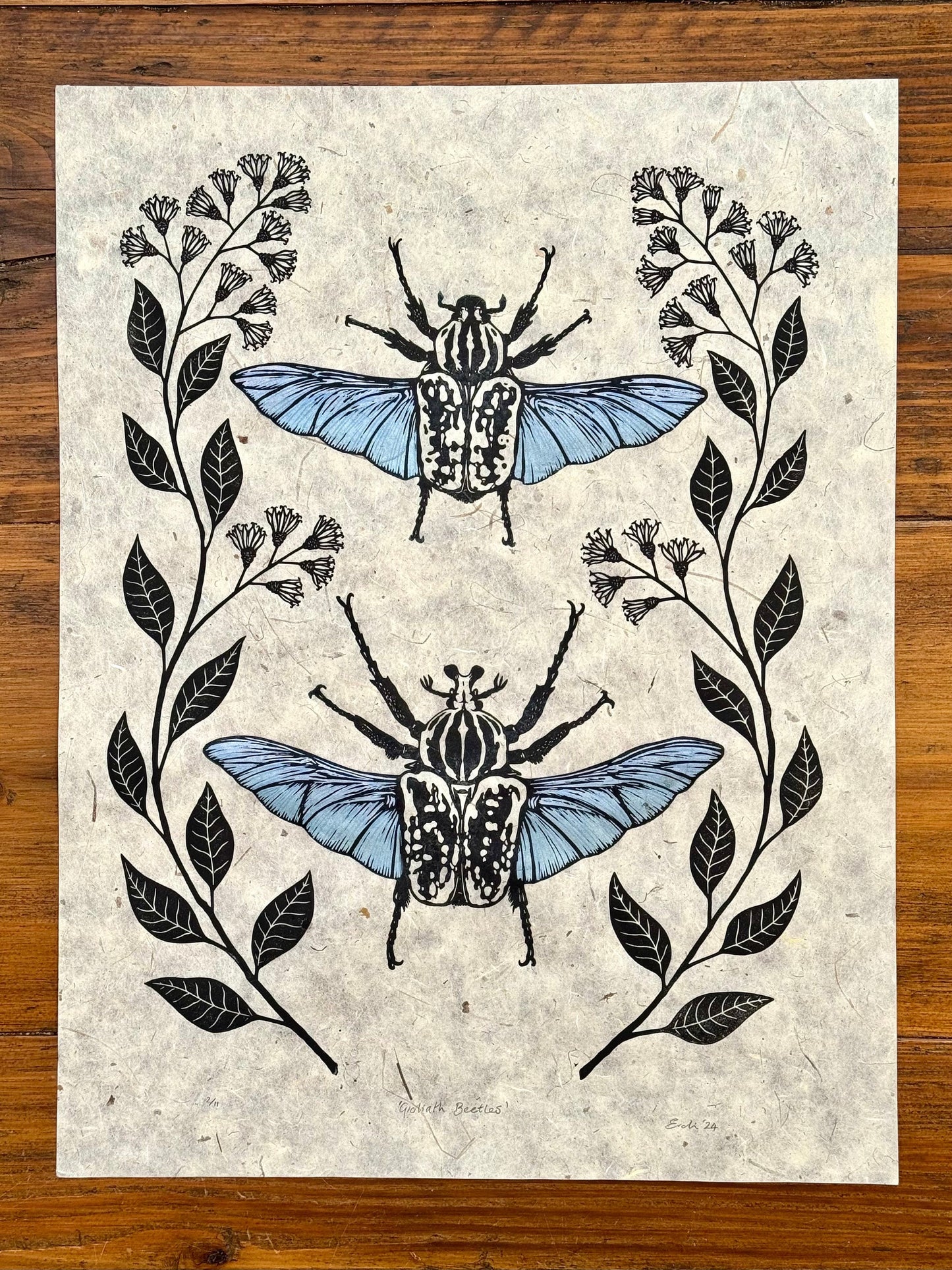 Goliath Beetle linocut print - natural
