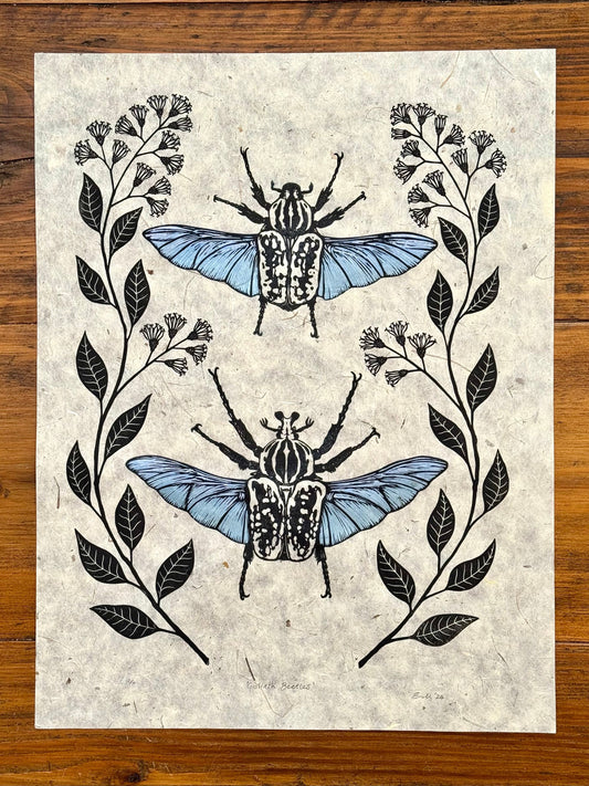 Goliath Beetle linocut print - natural