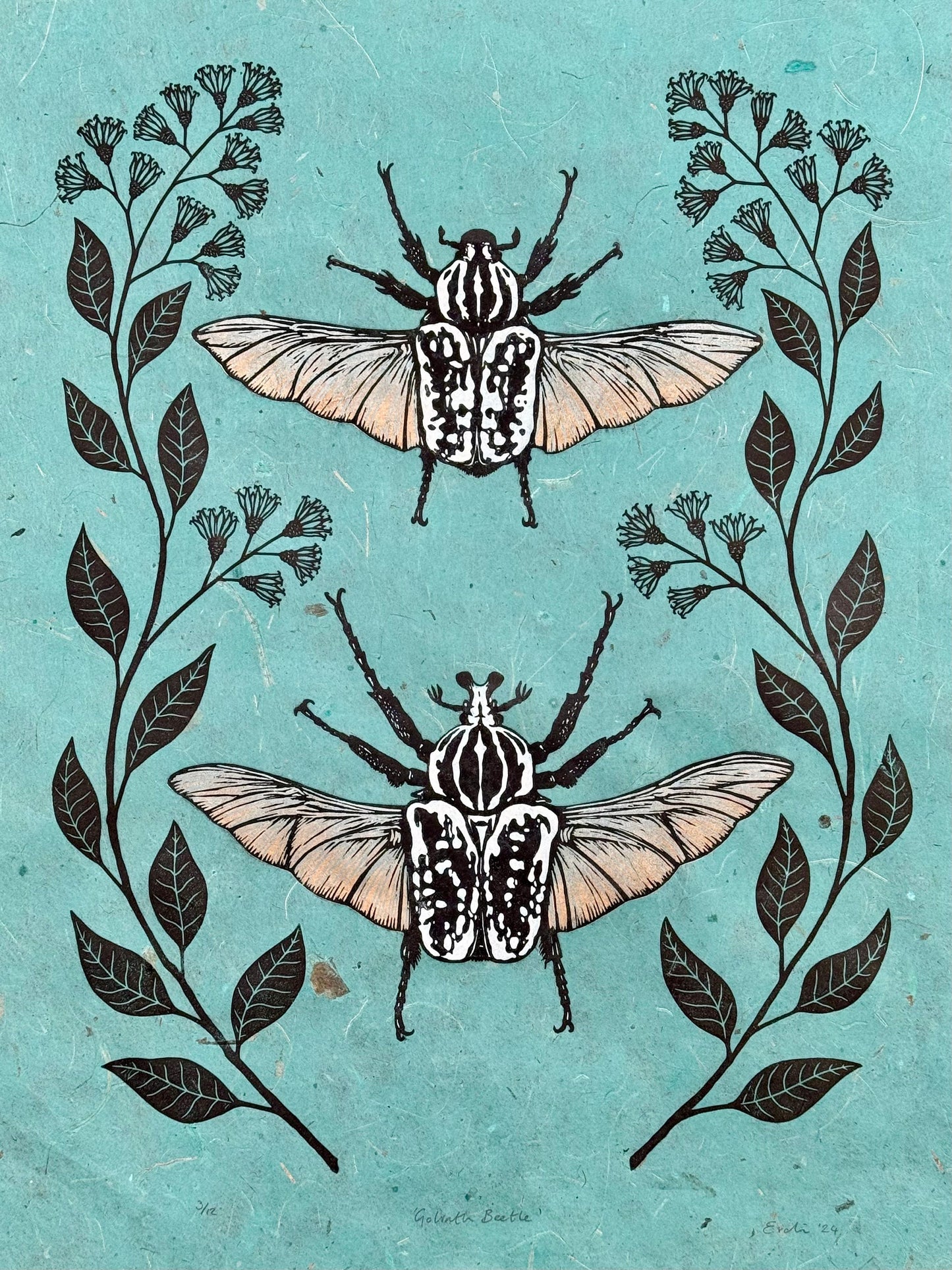 Goliath Beetle linocut print - turquoise
