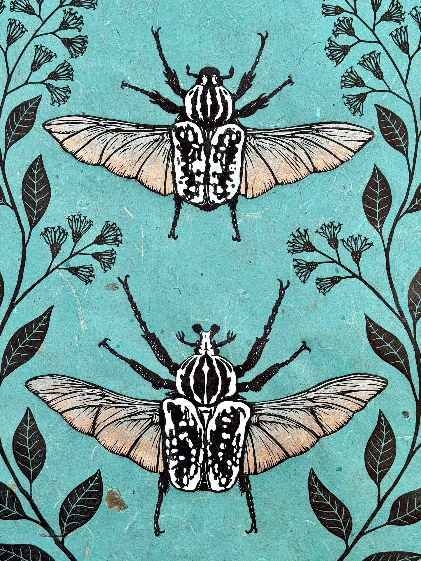 Goliath Beetle linocut print - turquoise