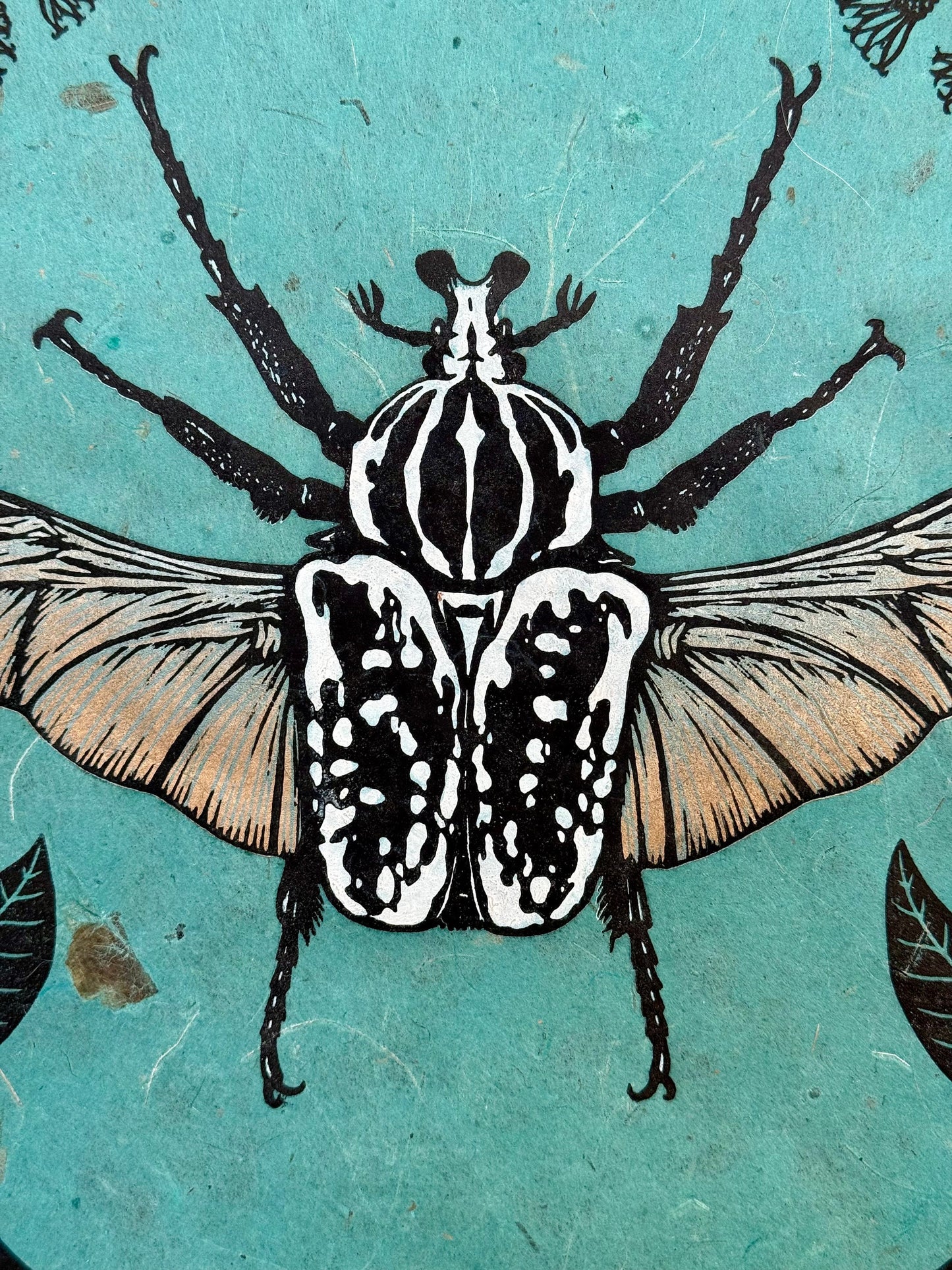 Goliath Beetle linocut print - turquoise