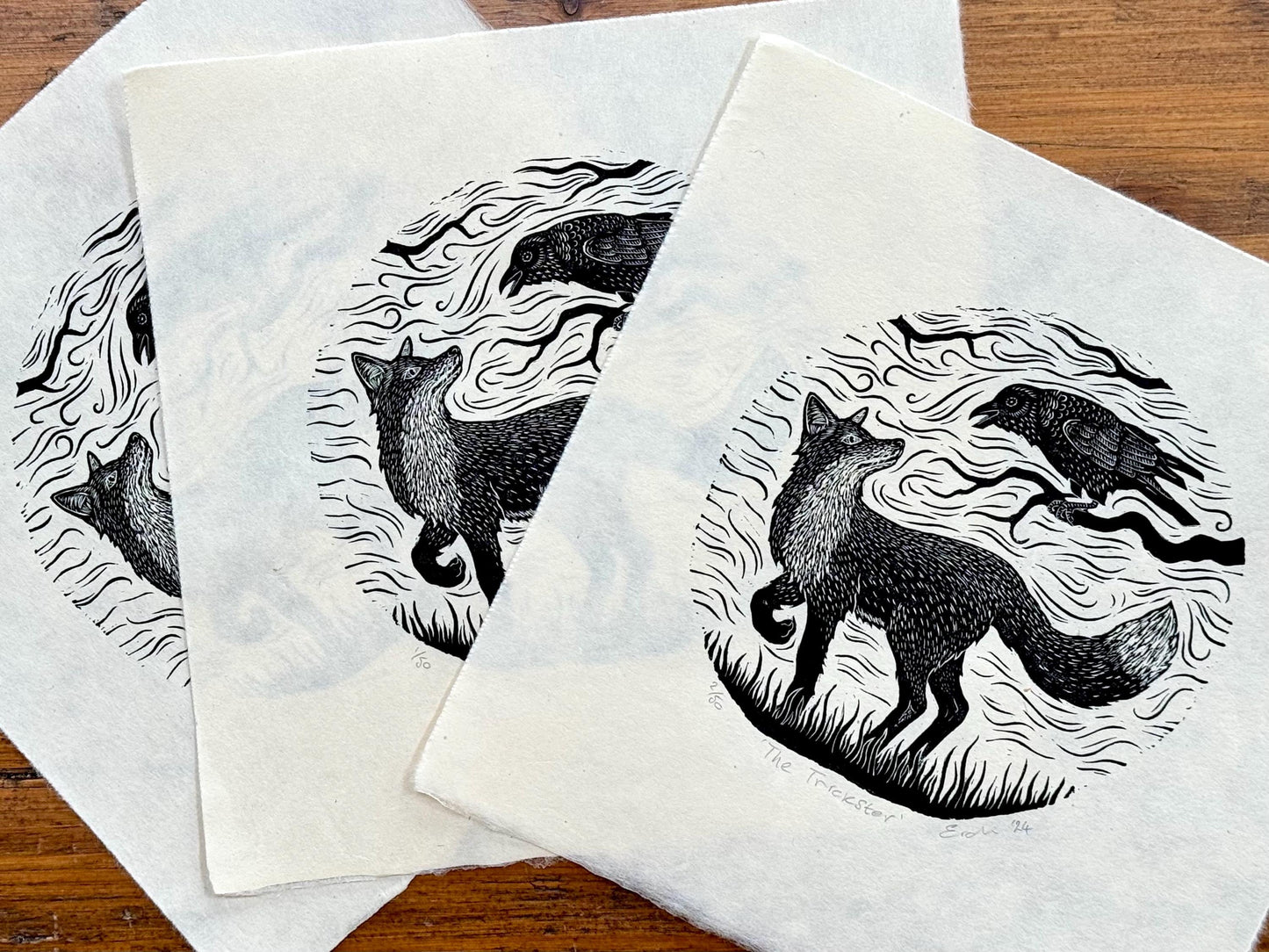 The Trickster fox and crow wood engraving