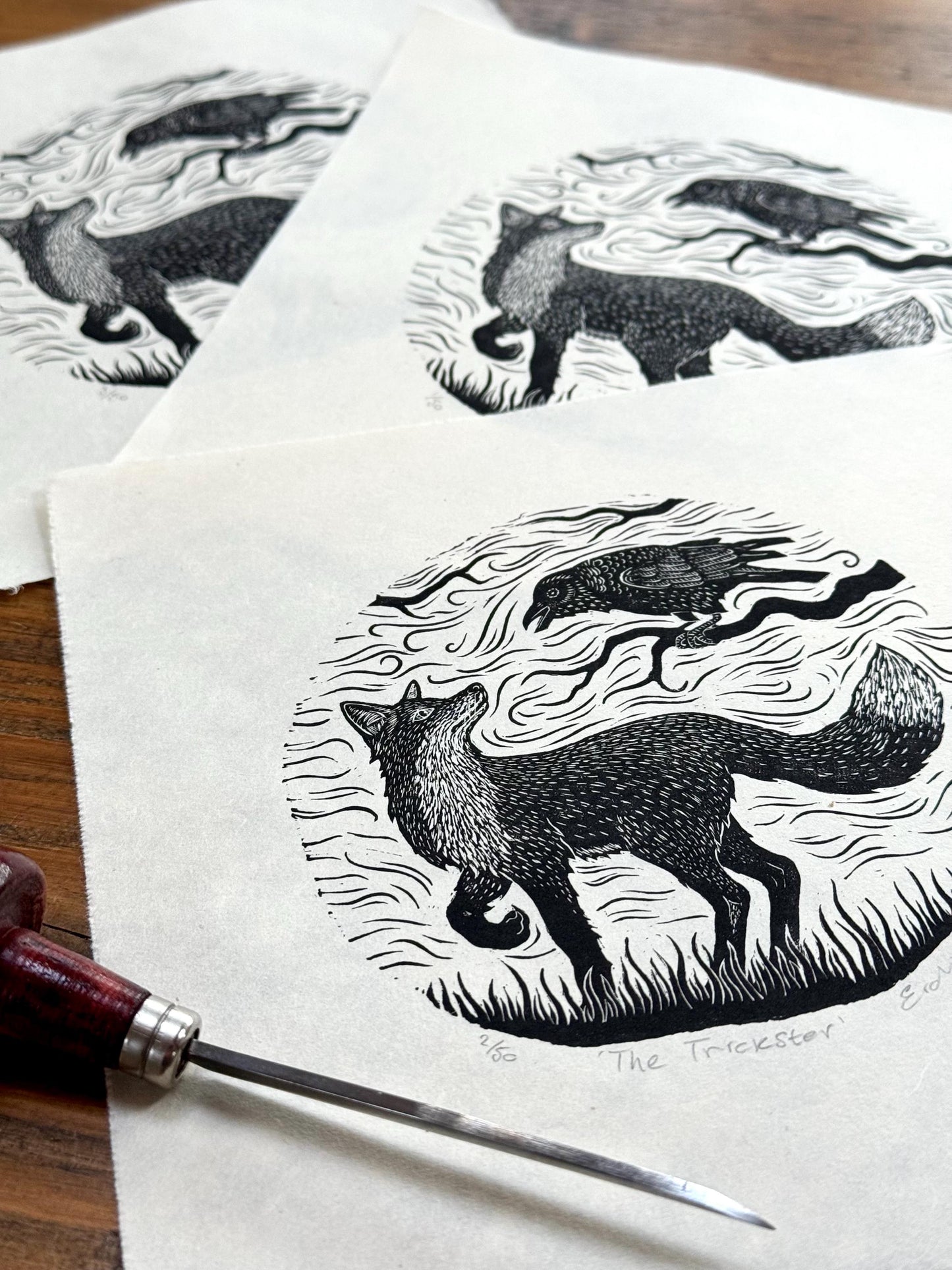 The Trickster fox and crow wood engraving