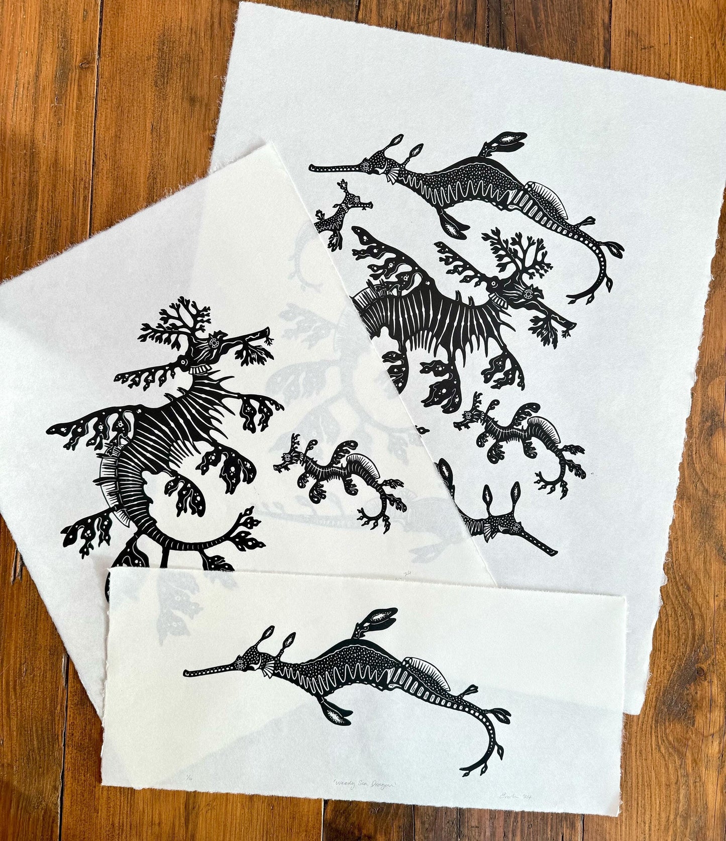 Sea Dragons linocut prints