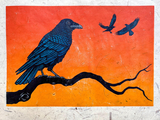 Sunset Raven linocut print