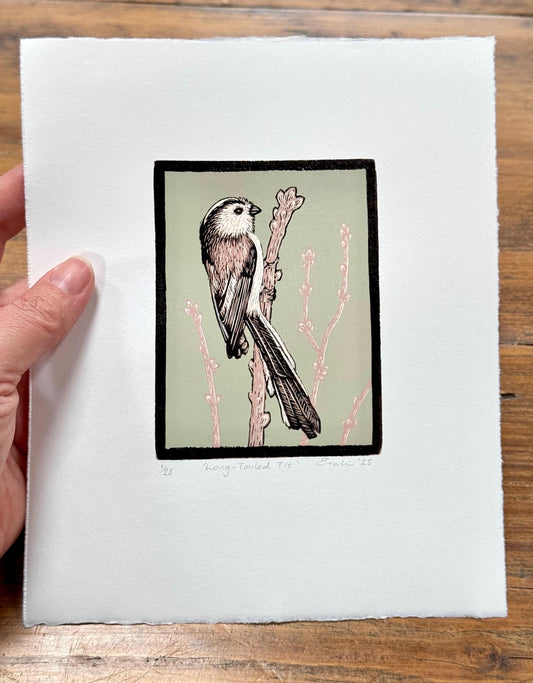 Long-tailed Tit - hand printed original wood engraving