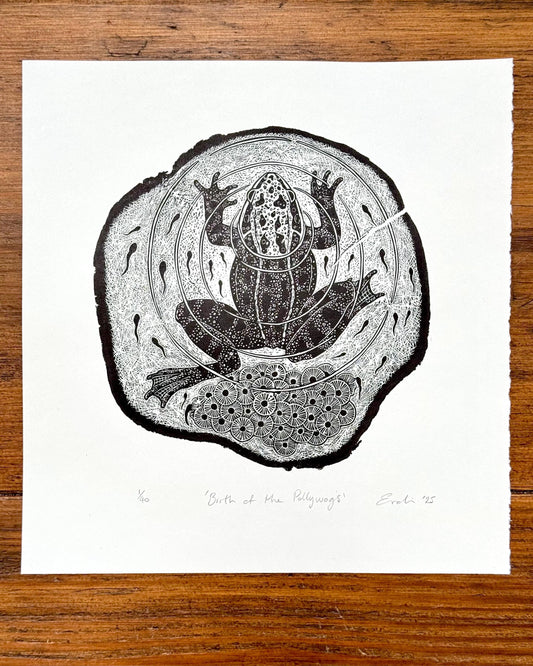 Original hand printed wood engraving of a Frog