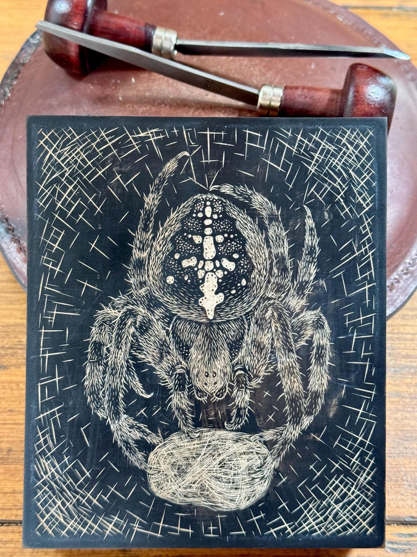 Original wood engraving print of a spider and fly