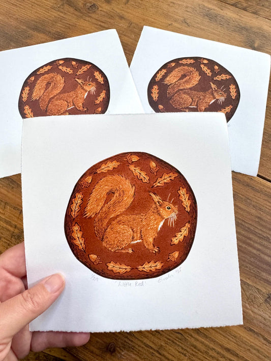 Red squirrel - hand printed original wood engraving