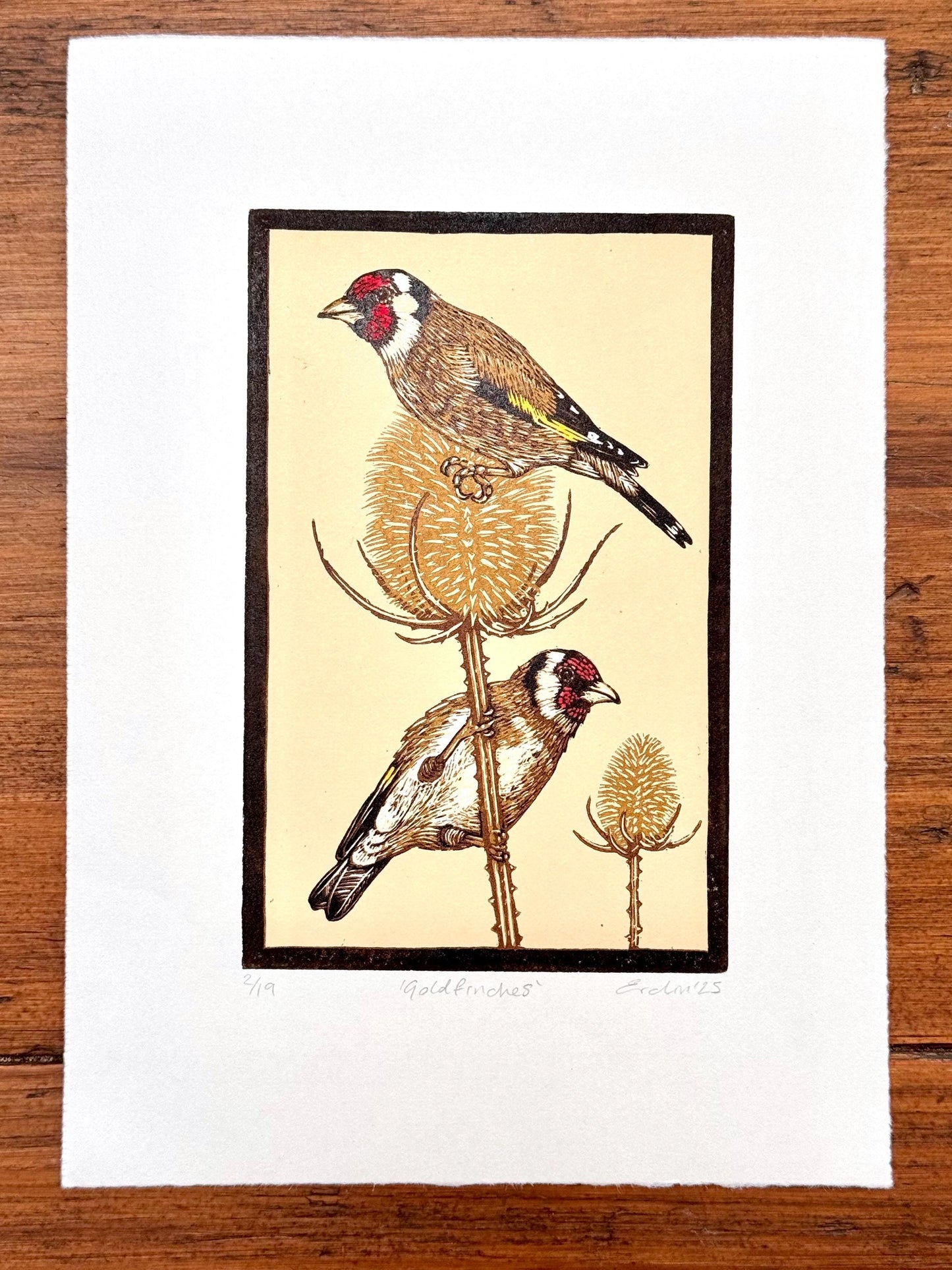 Goldfinches - hand printed original wood engraving