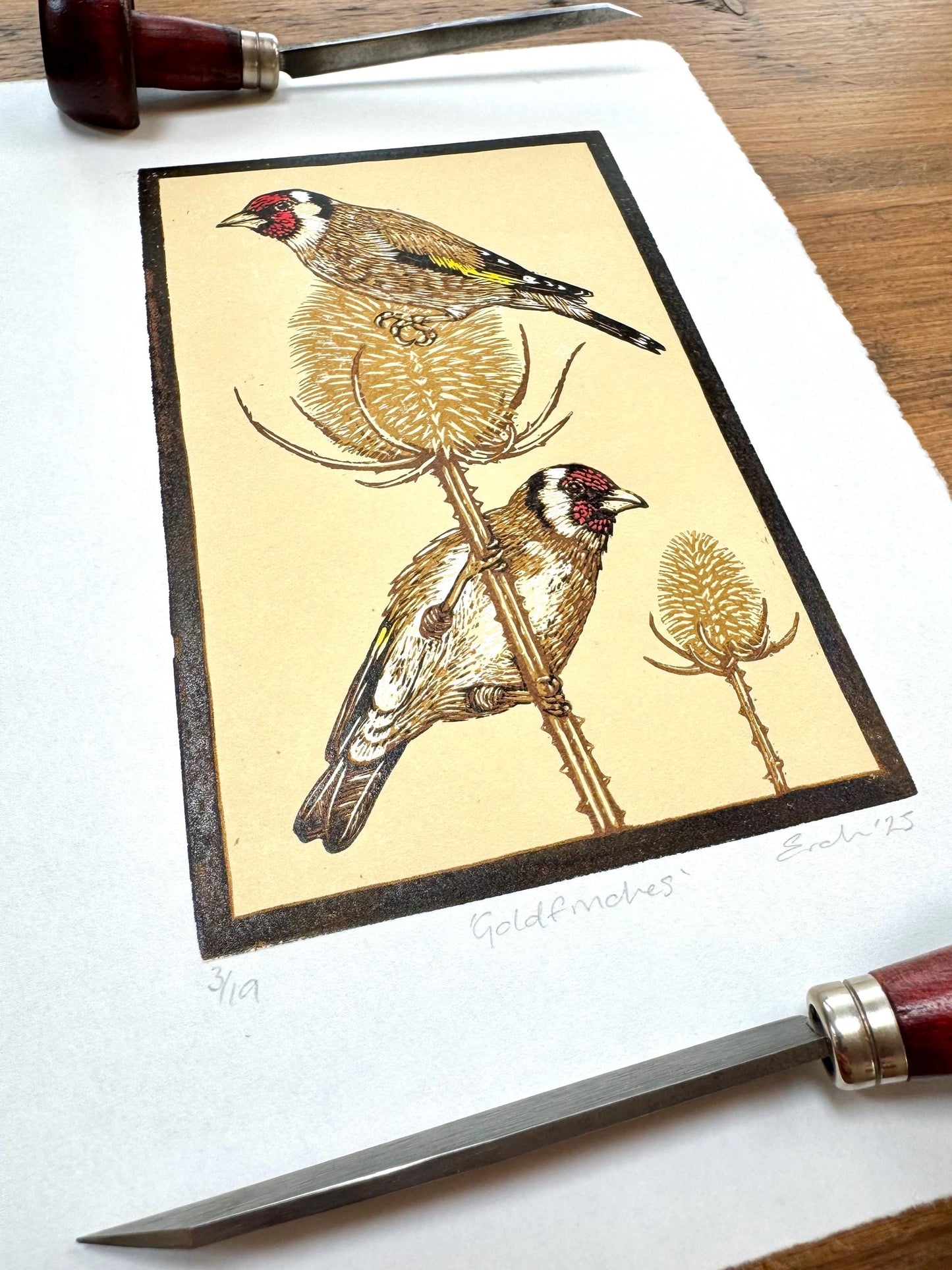 Goldfinches - hand printed original wood engraving