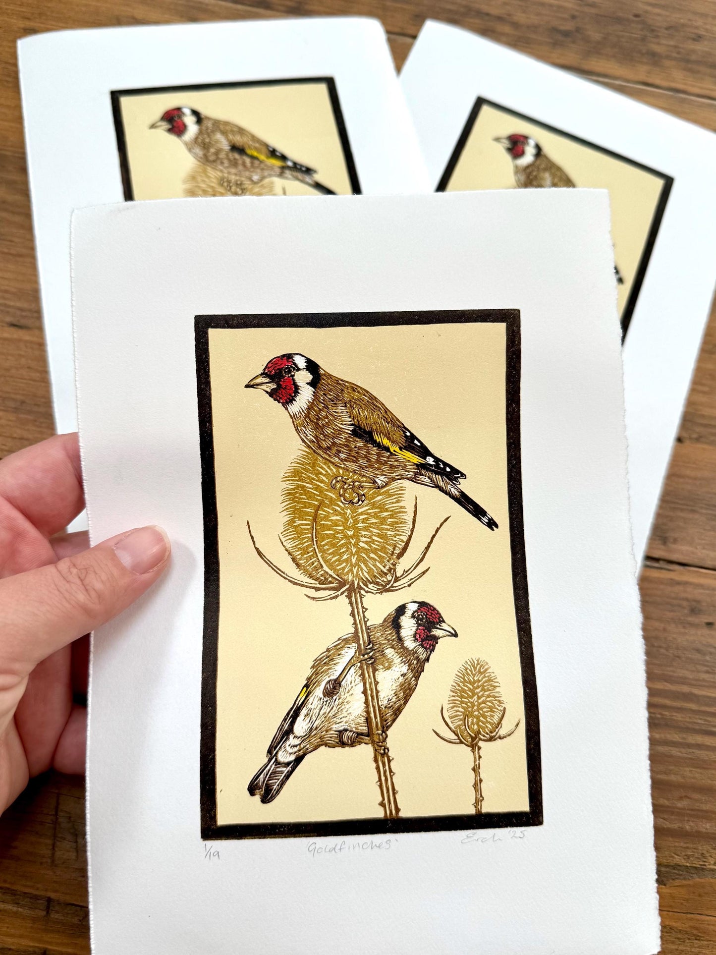 Goldfinches - hand printed original wood engraving