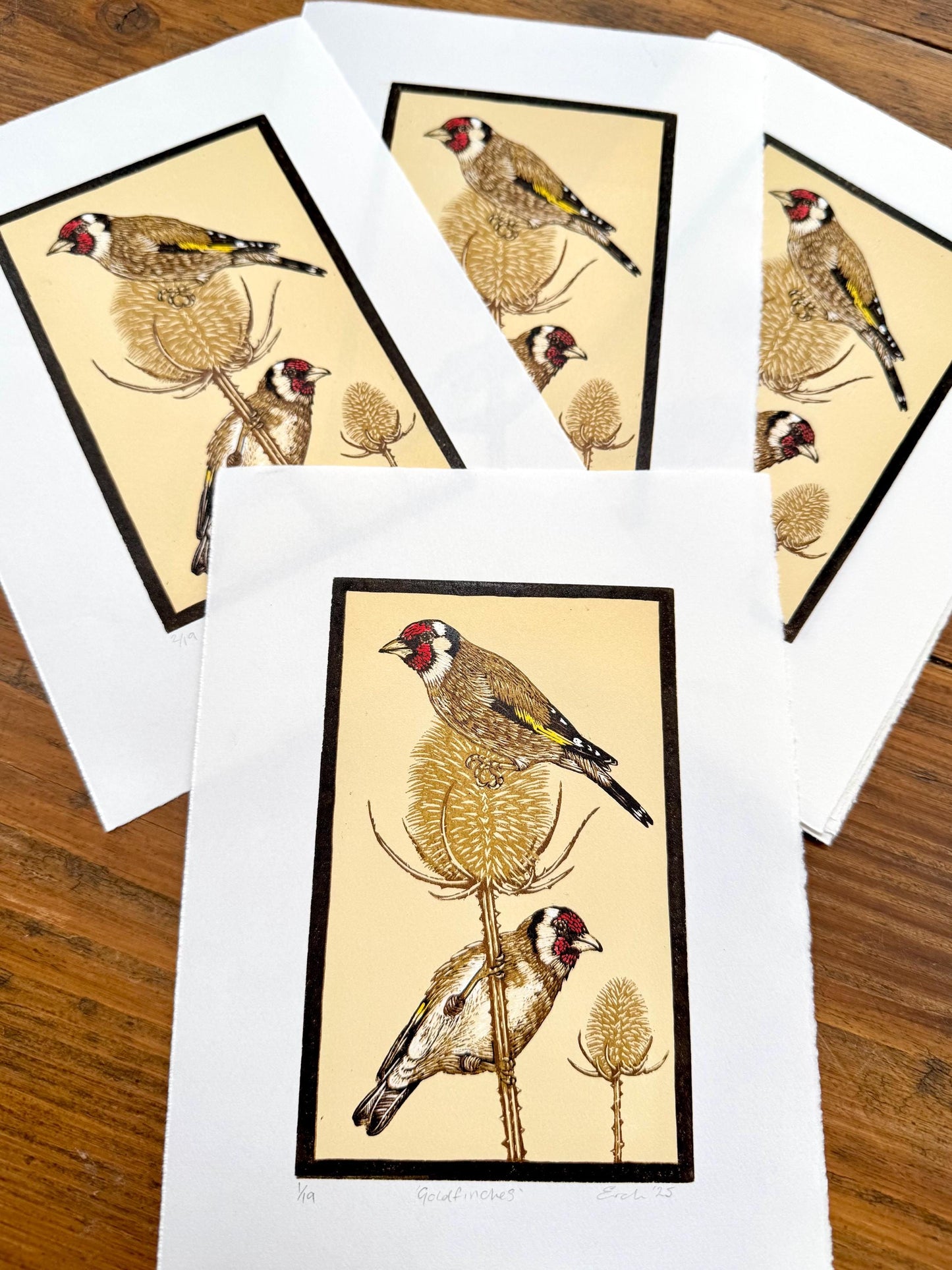 Goldfinches - hand printed original wood engraving