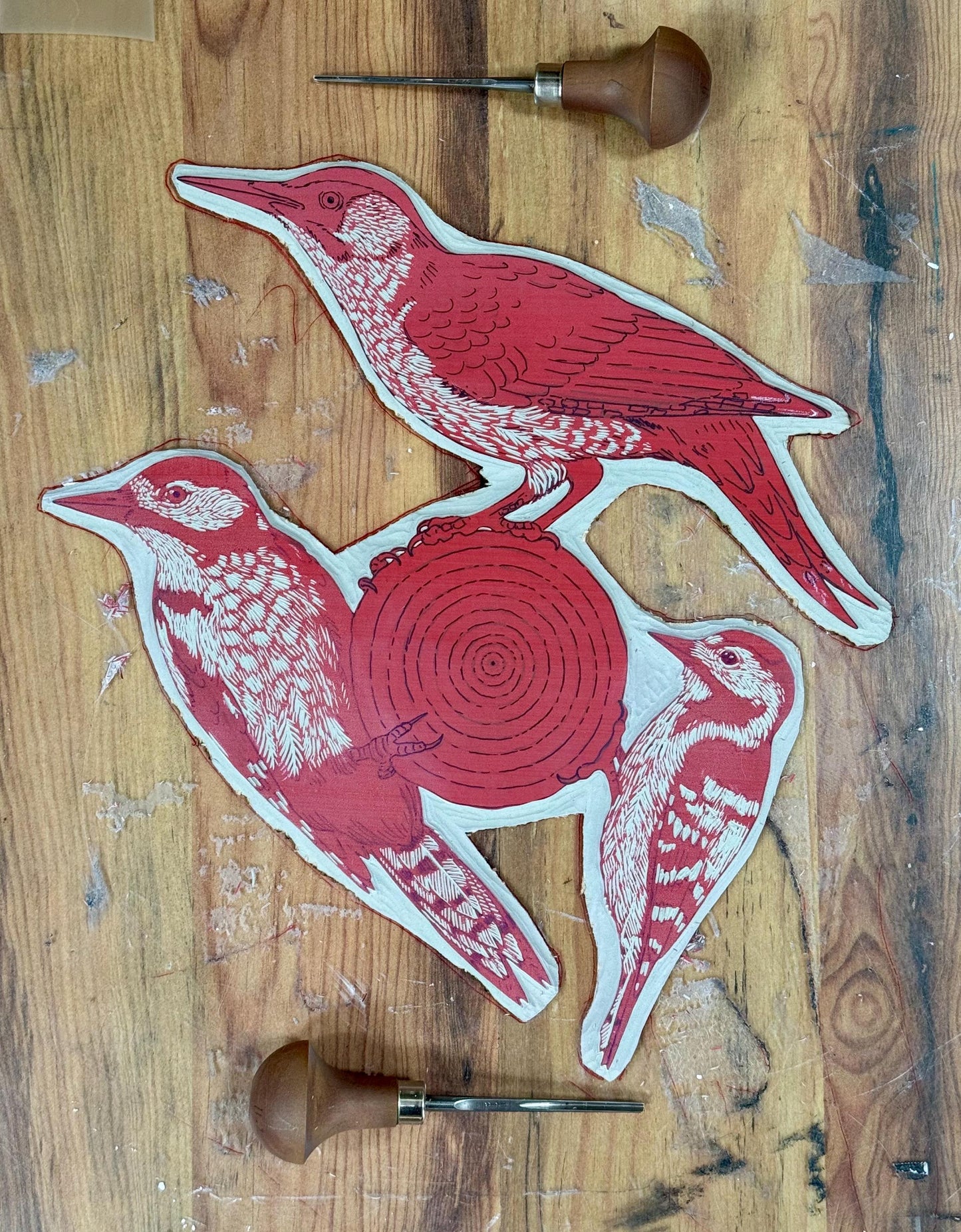 Family Tree - original linocut print of three woodpeckers
