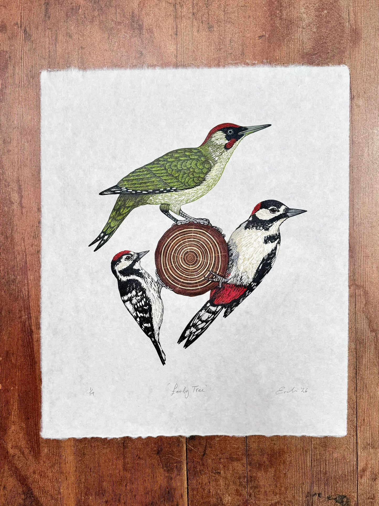 Family Tree - original linocut print of three woodpeckers