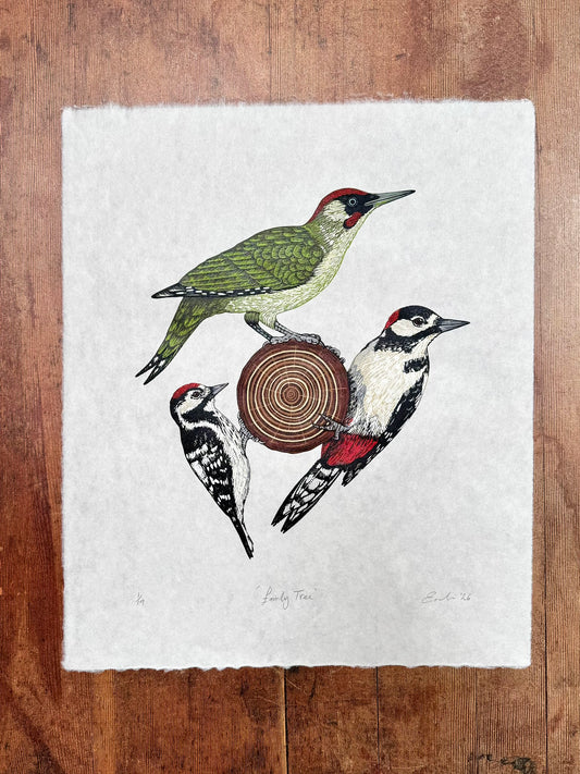 Family Tree - original linocut print of three woodpeckers