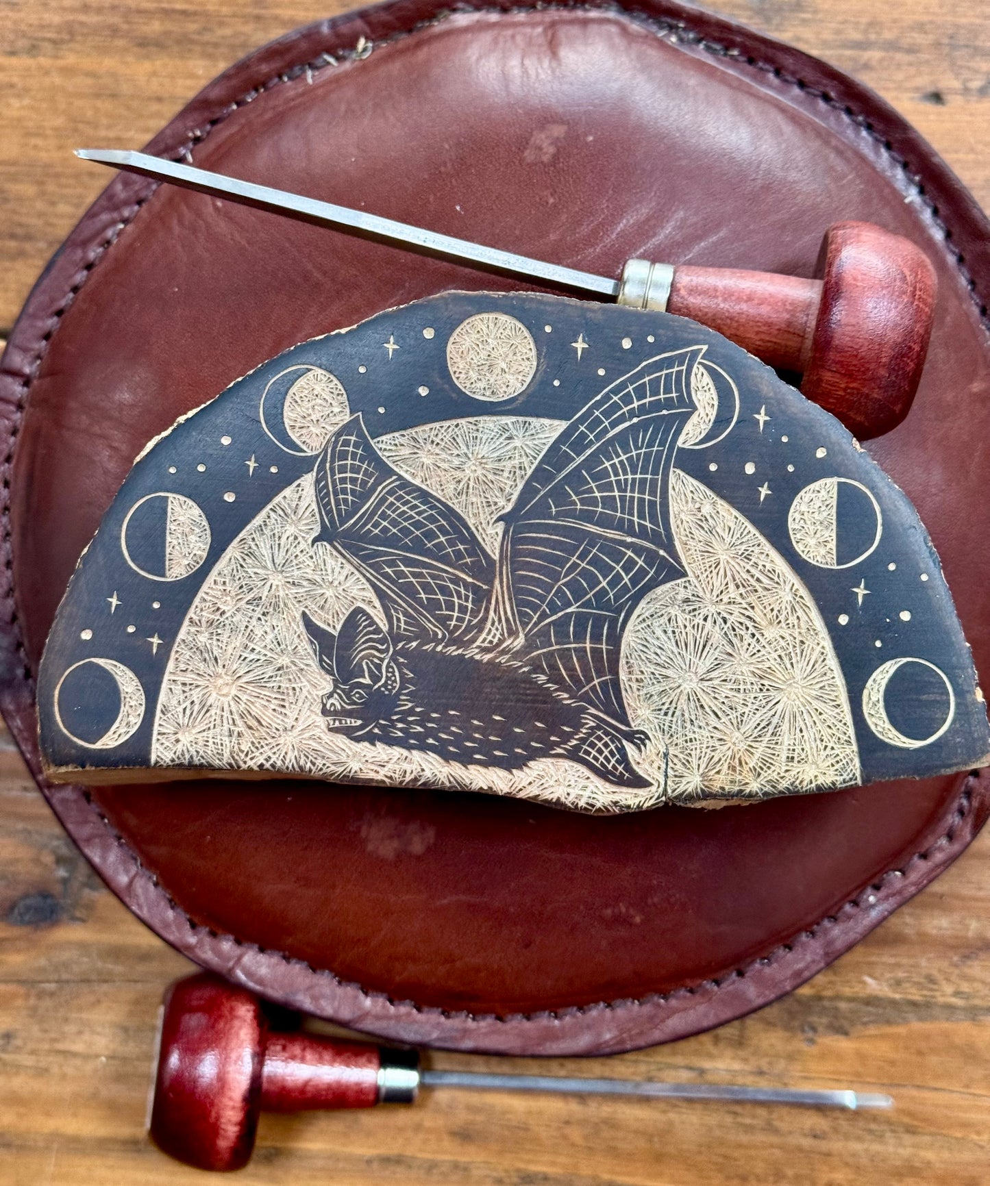 Bat and moon wood engraving