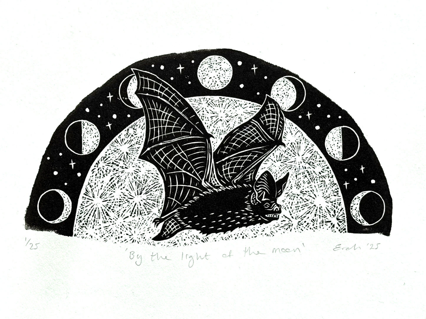 Bat and moon wood engraving