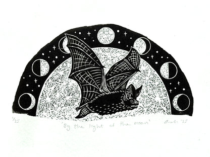 Bat and moon wood engraving