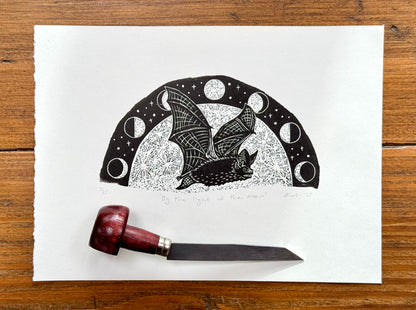 Bat and moon wood engraving