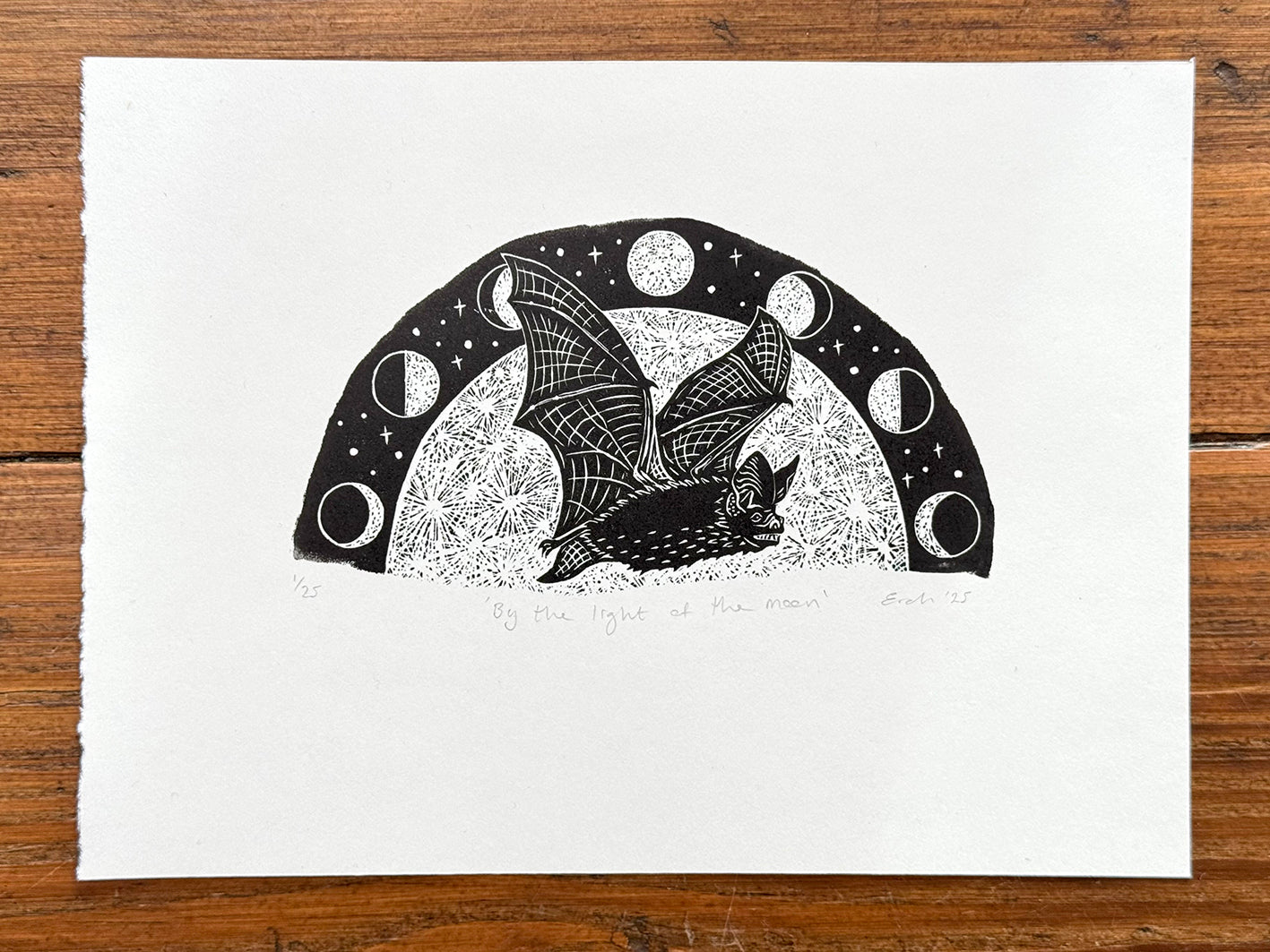 Bat and moon wood engraving