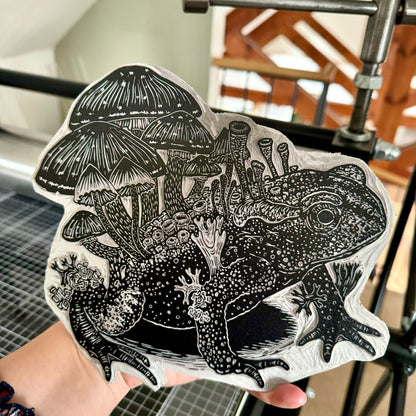 Mushroom toad linocut print