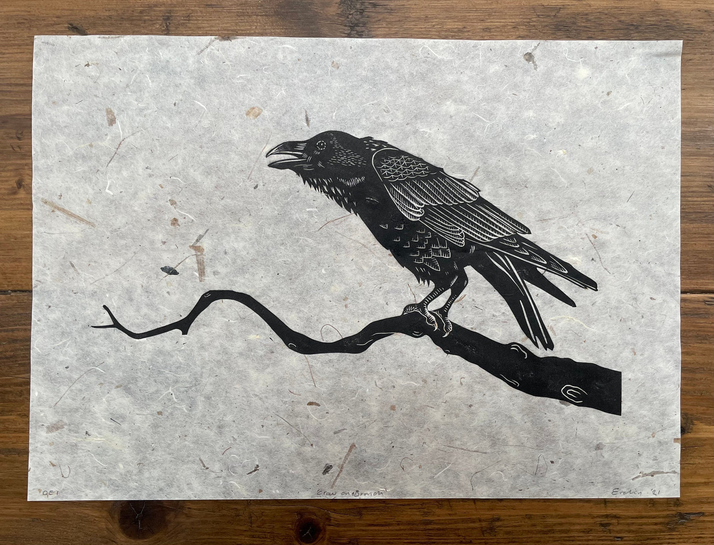 Crow on branch linocut print