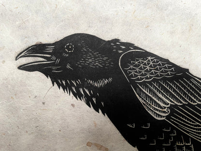 Crow on branch linocut print