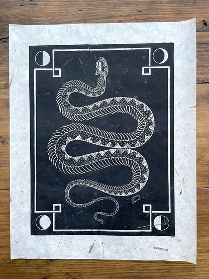 Snake skeleton linocut print