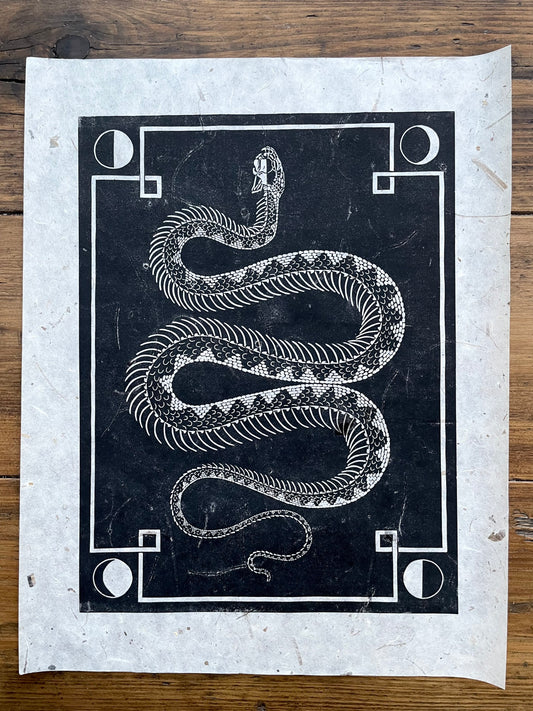 Snake skeleton linocut print