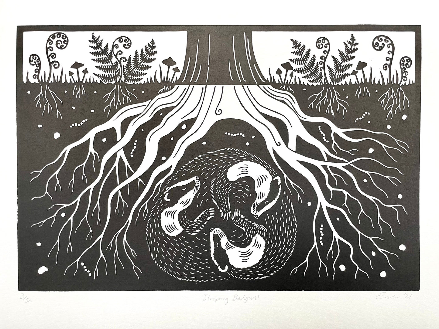 Sleeping badgers linocut print