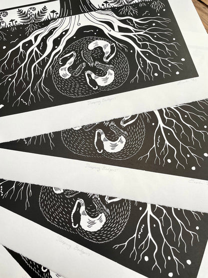 Sleeping badgers linocut print